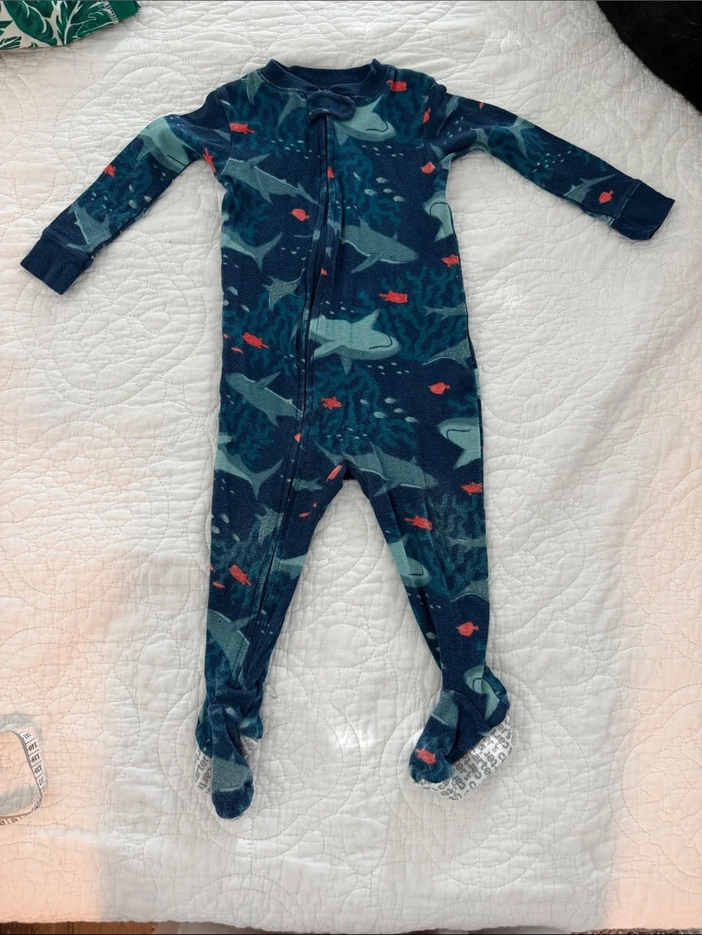 Kids Navy Shark-Print Footed One-Piece Pajamas